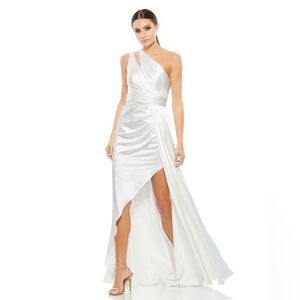 Mac Duggal 49006 White Satin ONE SHOULDER CUTOUT CHARMEUSE GOWN Bridal sz 12